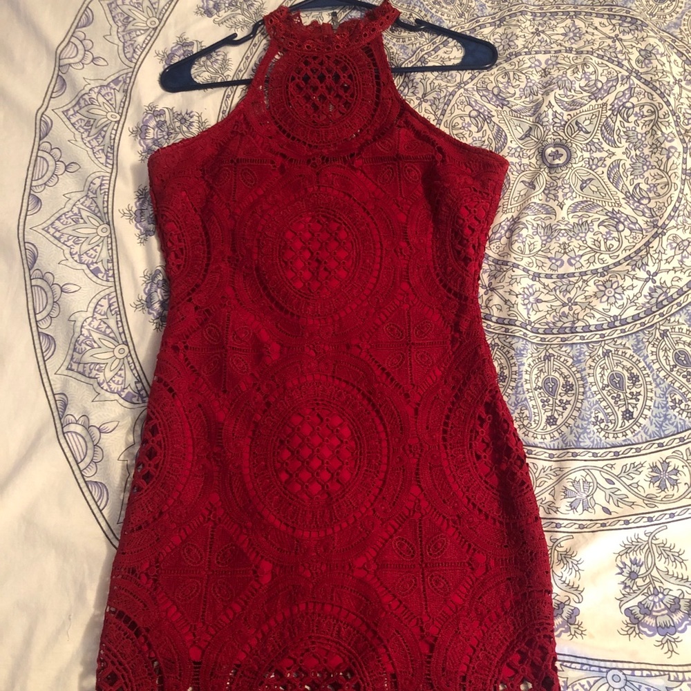 Red lace racer neck bodycon dress